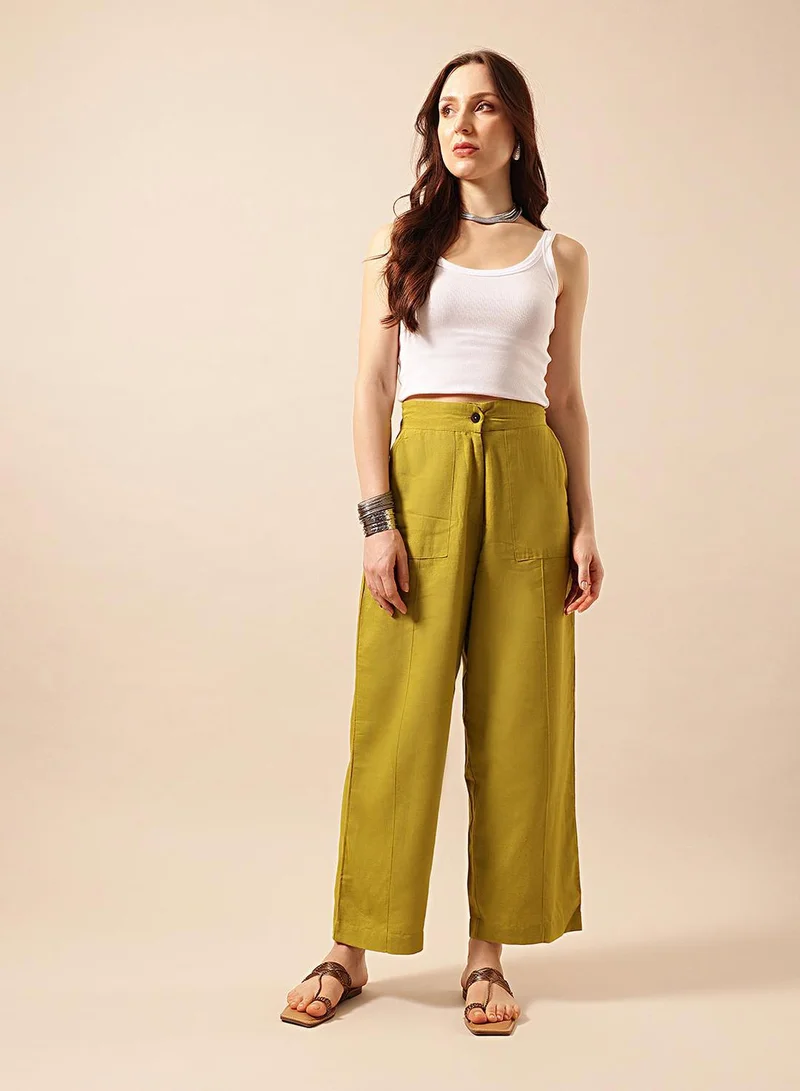 آي شين Olive Poly Blend Solid Print Full Length Palazzo Flared Trouser For Women
