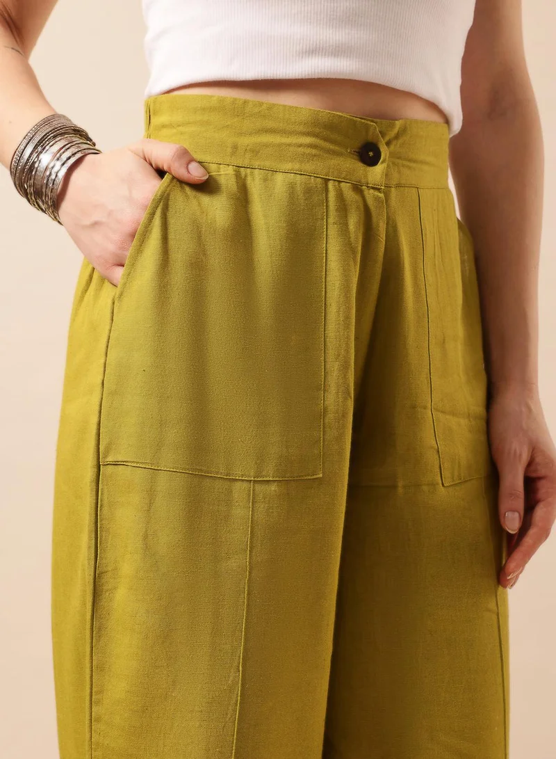 ISHIN  Olive Poly Blend Solid Print Full Length Palazzo Flared Trouser For Women for Women | Best Price UAE