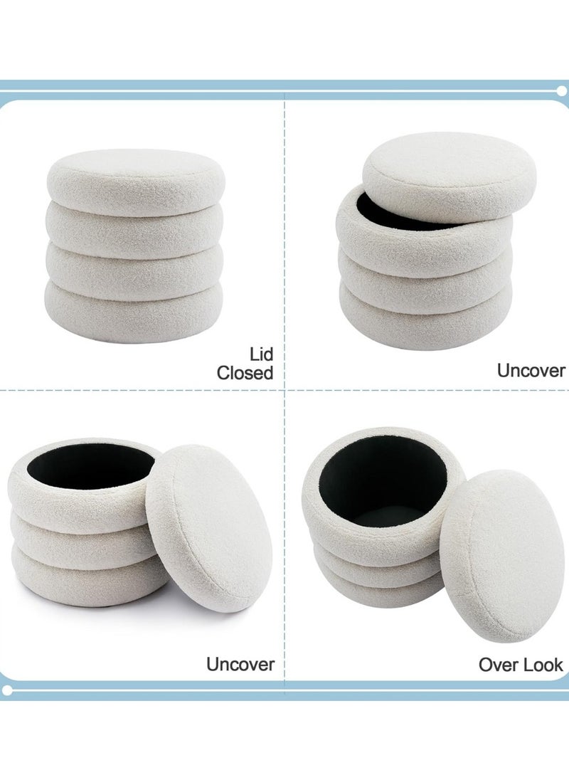 Nice Home Round Sherpa Storage Ottoman with Removable Lid – Off-White Boucle Pouf Vanity Stool & Footrest – Soft Teddy Fabric Seating for Bedroom or Living Room – Set of 1  - Image 4