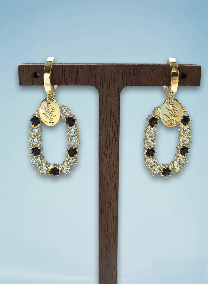 Dangles, Golden Oval Hoop Earrings with Black and Clear Diamond Accents and Engraved Pendant, Ear Drops, Gift for Friends, Wife, Girlfriends, Birthday Gift - Image 1