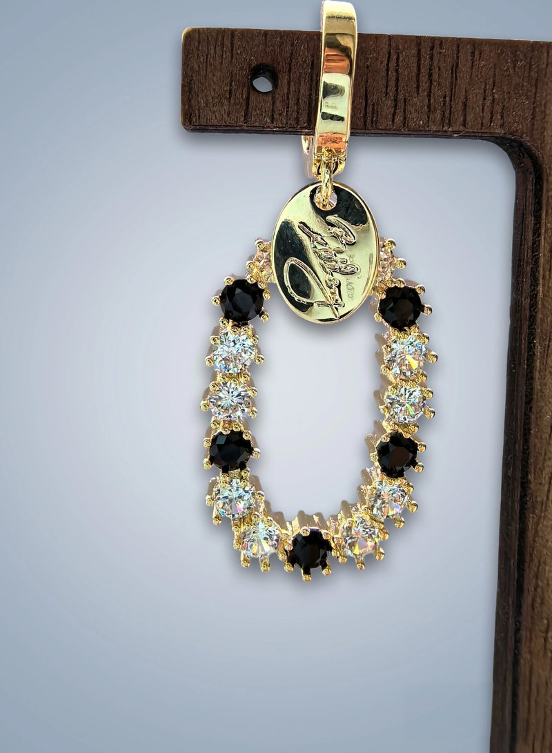 Dangles, Golden Oval Hoop Earrings with Black and Clear Diamond Accents and Engraved Pendant, Ear Drops, Gift for Friends, Wife, Girlfriends, Birthday Gift - Image 2