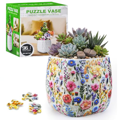 MONVIE 3D Puzzles Planter 96 Unique Flower Vase Puzzle Pieces for Adults Round Puzzle Plant Pot with Drainage for Indoor Plants Succulents and Cactus Pen Holder Luxuriant Flowers - Image 1