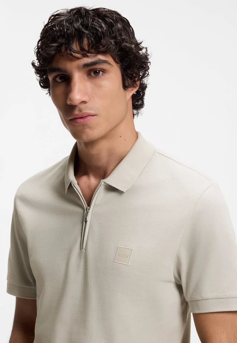 BOSS Open Grey Stretch-cotton slim-fit polo shirt with logo patch for Men | Best Price UAE