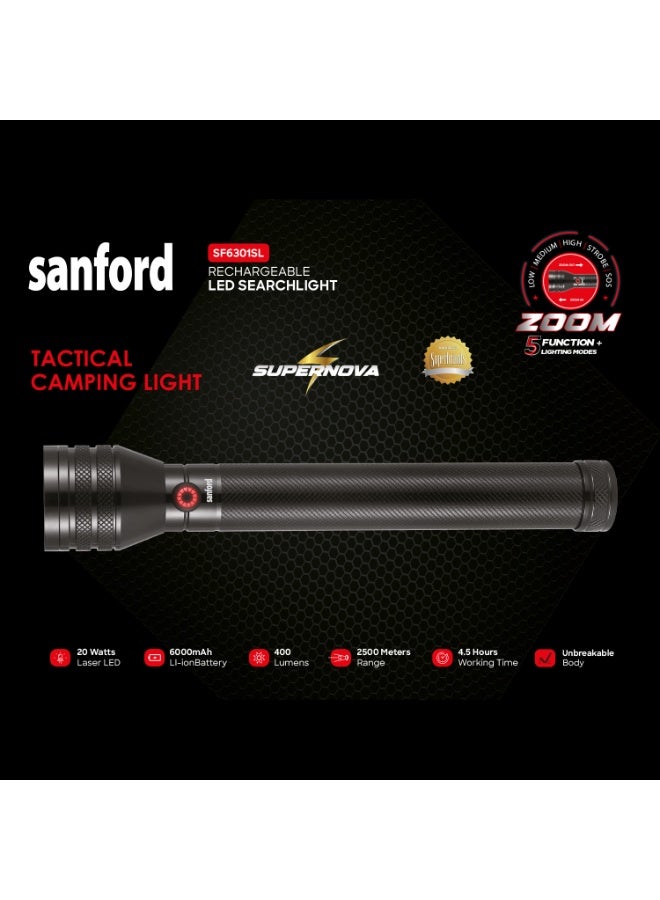 Sanford Rechargeable LED Searchlight, Tactical Camping Light, 20W Laser LED, 400 Lumens, 2500m Range, 6000mAh Battery, Zoom Function, 5 Modes, USB-C Charging, Unbreakable - Image 4