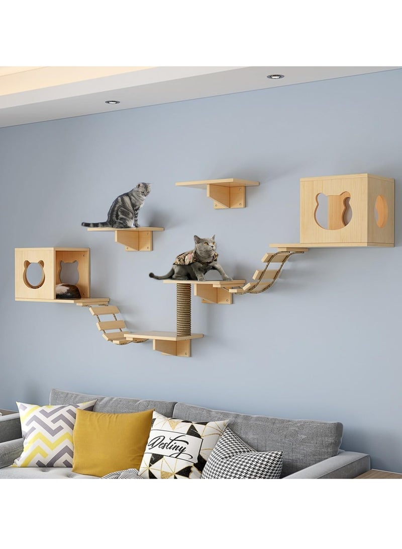 GUDOO Cat Wall Shelves Cat Wall Furniture with 2 Cat Bridges 2 Cat Houses Natural Wood Cat Walkways for Walls with Sisal Scratching Post and 4 Cat Wall Shelves for Cat Sleeping Climbing Playing - Image 1