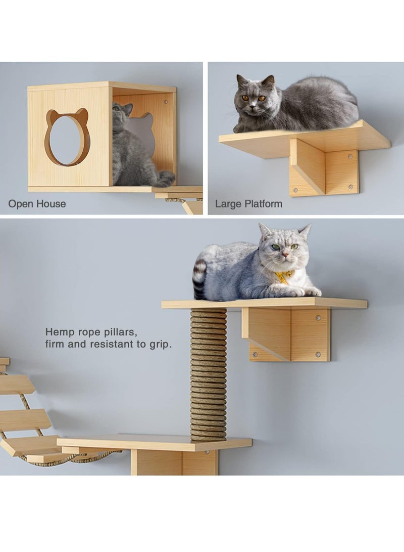 GUDOO Cat Wall Shelves Cat Wall Furniture with 2 Cat Bridges 2 Cat Houses Natural Wood Cat Walkways for Walls with Sisal Scratching Post and 4 Cat Wall Shelves for Cat Sleeping Climbing Playing - Image 2