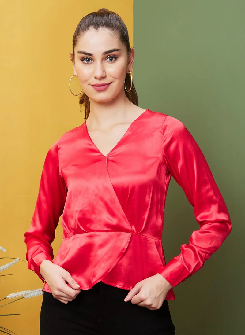 globus Globus Women Pink V-Neck Satin Wrap Party Top