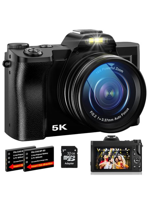 5K Digital Camera WiFi Autofocus Vlogging Camera for YouTube 48MP Camera for Photography and Video, 3.5" Screen Travel Camera with UV Filter, Anti-Shake, 16X Digital Zoom, 32GB SD Card, 2 Batteries