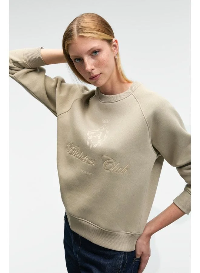 GRIMELANGE MIRELAN Women's Printed Round Neck Regular Fit Stone Color Sweatshirt.