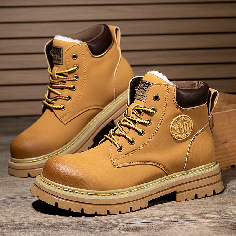 Martin Boots Couple''s Cotton Shoes, Ultra-Fiber Thickened Yellow Boots, Casual Trendy Shoes, Short Boots, Thick-Soled Motorcycle Boots for Men - Image 5