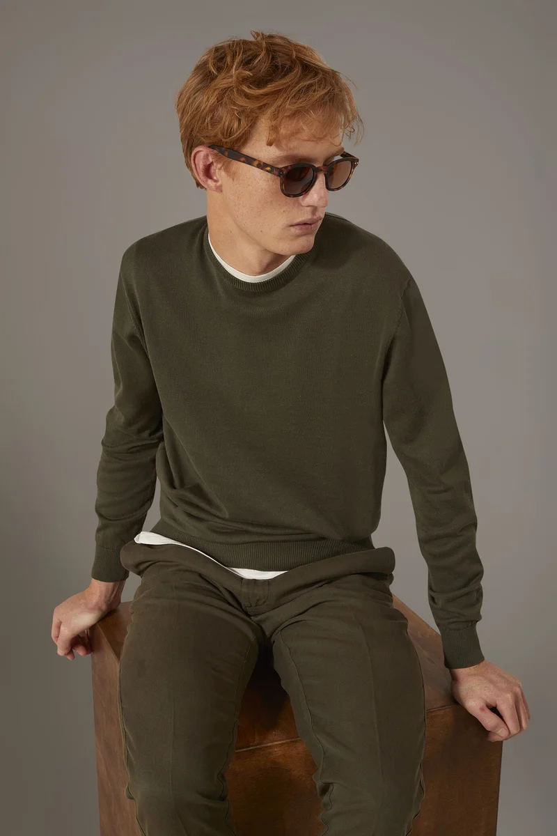 Round neck sweater 100% cotton - DK Green