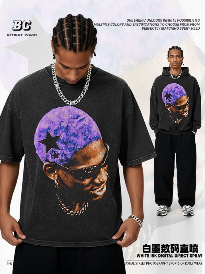 Trendy Brand Star Rodman Trendy t Retro Distressed Print Heavy Cotton High Street Versatile Sweatshirt - Image 2