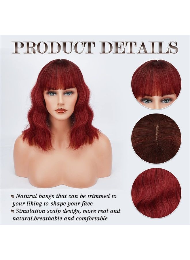 BARSDAR Short Wavy Bob Wig With Bangs, Women's Short Bob Ombre Red Wigs Pastel Curly Wavy Synthetic Shoulder Length Wigs With Free Wig Cap For Women Girls Daily Party Colorful Wigs(14'', Ombre Red) - Image 4