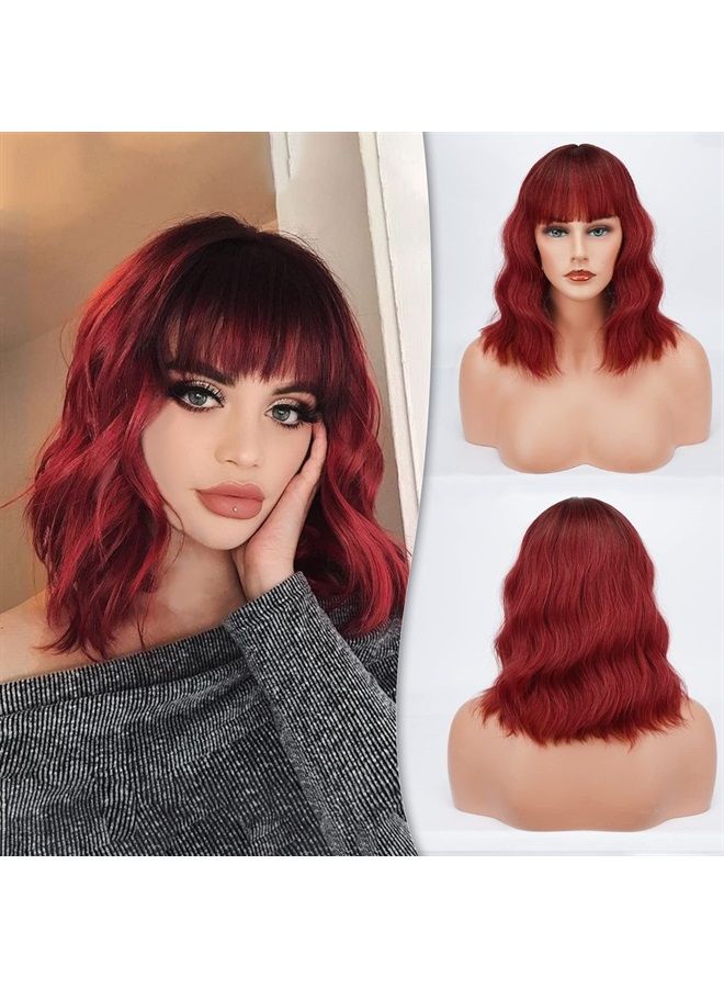 BARSDAR Short Wavy Bob Wig With Bangs, Women's Short Bob Ombre Red Wigs Pastel Curly Wavy Synthetic Shoulder Length Wigs With Free Wig Cap For Women Girls Daily Party Colorful Wigs(14'', Ombre Red) - Image 1
