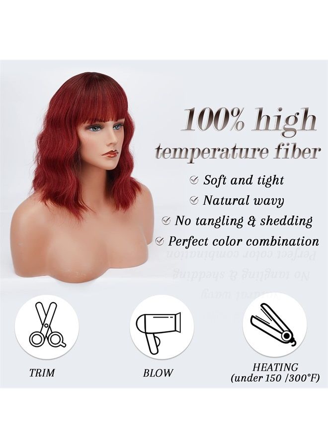 BARSDAR Short Wavy Bob Wig With Bangs, Women's Short Bob Ombre Red Wigs Pastel Curly Wavy Synthetic Shoulder Length Wigs With Free Wig Cap For Women Girls Daily Party Colorful Wigs(14'', Ombre Red) - Image 3