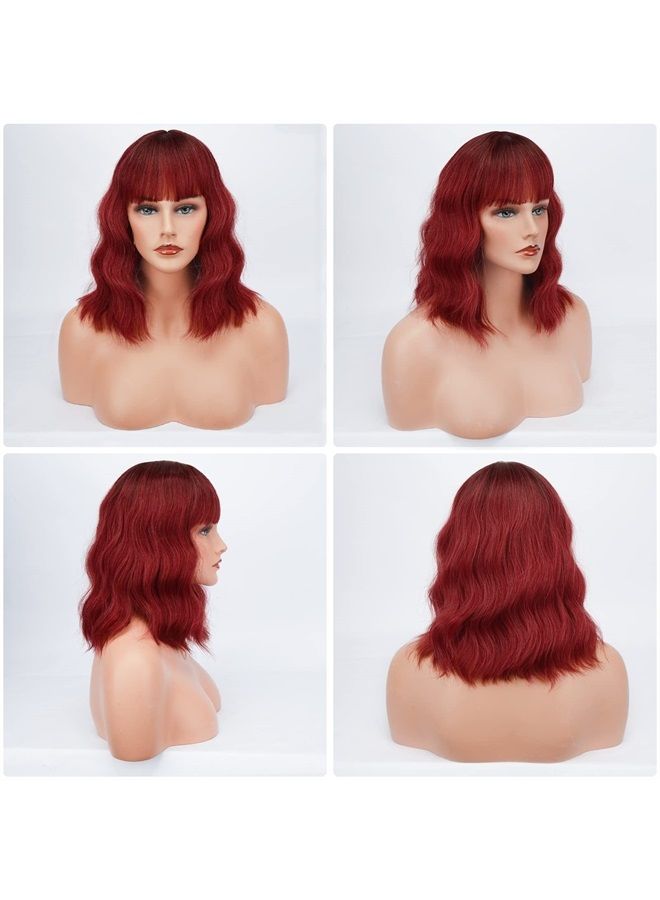BARSDAR Short Wavy Bob Wig With Bangs, Women's Short Bob Ombre Red Wigs Pastel Curly Wavy Synthetic Shoulder Length Wigs With Free Wig Cap For Women Girls Daily Party Colorful Wigs(14'', Ombre Red) - Image 2
