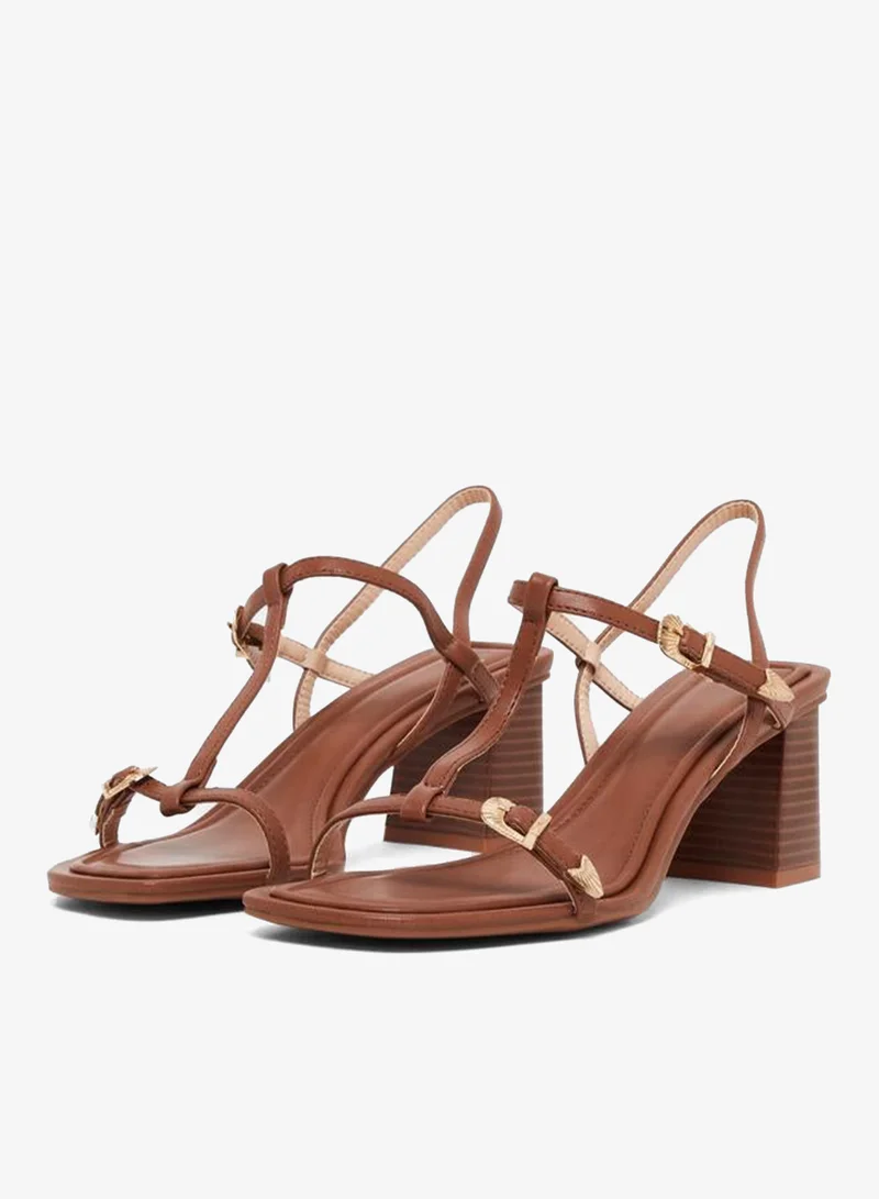 Styli Women Brown Block Heel Sandals with Buckle Detail