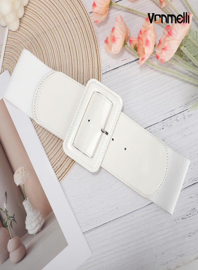 VONMELLI Stretchy Wide Women Belts Elastic Vintage Belts for Women Fashion Ladies Waist Belt for Dress, White, Fit waist size 34"-37" - Image 2