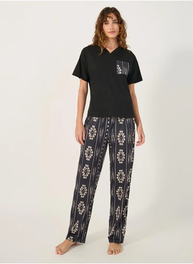 Styli Aztec Printed Pocket T-Shirt and Straight Pyjama Set