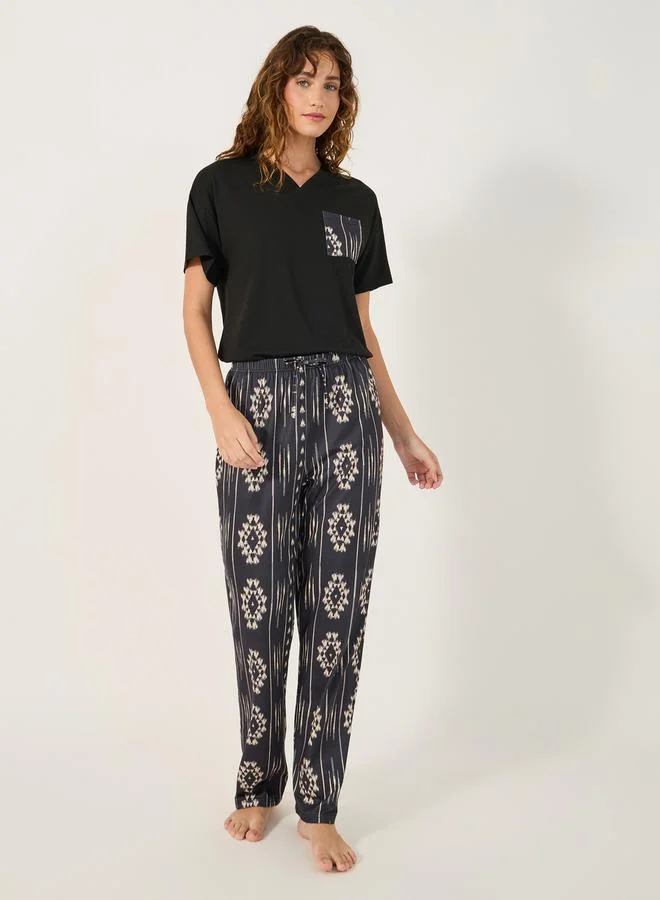 Styli Aztec Printed Pocket T-Shirt and Straight Pyjama Set