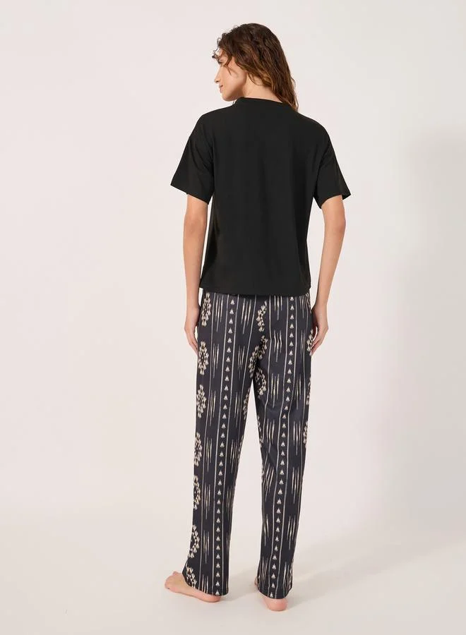Styli Aztec Printed Pocket T-Shirt and Straight Pyjama Set