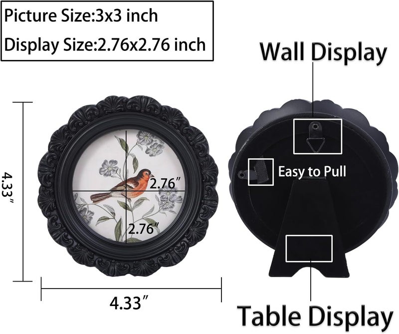 LIHOLO Vintage Picture Frames 3x3 Round Black Antique Picture Frames with Glass Front Handcrafted Rustic Home Decor for Wall Mount and Tabletop Gallery Wall Art - Image 2