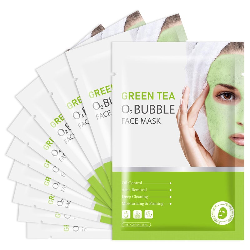 IREV IREV 10 Pack Green Tea O2 Bubble Face Masks Sheet Bubble Facial Mask Foaming Face Mask Purifying Facial Mask for Acne and Pores Moisturizing Spa Face Masks Skincare Brightening Beauty Masks 