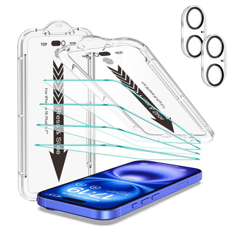 EZ-GLAZ- 4 Pack for iPhone 16 Plus Screen Protector [6.7"] With 2 Pack Camera Lens Protector, 9H+ Hardness 12FT Military Grade Shatterproof Scratch Resistant Durable Tempered Glass Film with Flawless Fit Kit, HD Clear - Image 1