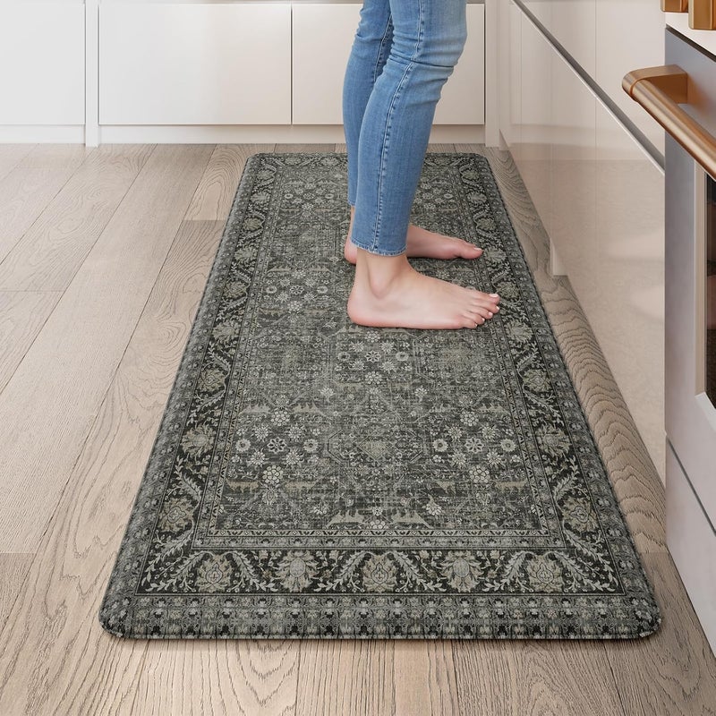KIMODE Anti Fatigue Kitchen Mat, Cushioned Boho Distressed Kitchen Runner Rug, Non Slip Waterproof Kitchen Mat for Floor, Comfort Foam Standing Desk Mat for Laundry Office Sink Green/Grey 20"x39" - Image 1