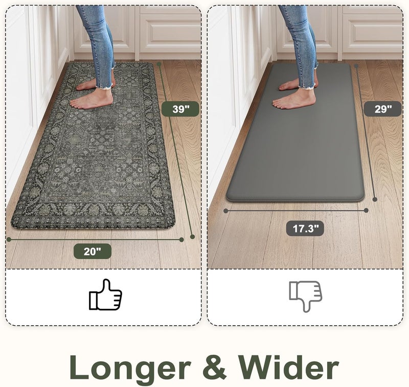 KIMODE Anti Fatigue Kitchen Mat, Cushioned Boho Distressed Kitchen Runner Rug, Non Slip Waterproof Kitchen Mat for Floor, Comfort Foam Standing Desk Mat for Laundry Office Sink Green/Grey 20"x39" - Image 2