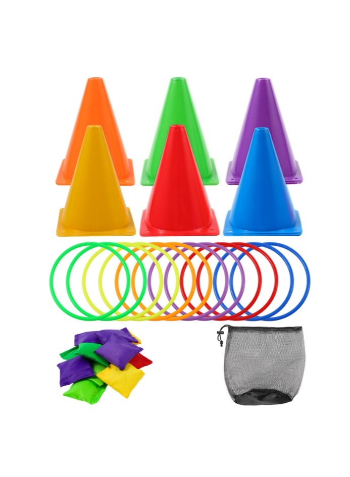 3 in 1 Outdoor Games Combo Set for Kids, 31PCS Yard Lawn Game, Soft Plastic Cones Bean Bags Ring Toss Game, Gift for Birthday Party/Carnival - Image 1
