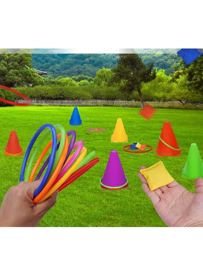 3 in 1 Outdoor Games Combo Set for Kids, 31PCS Yard Lawn Game, Soft Plastic Cones Bean Bags Ring Toss Game, Gift for Birthday Party/Carnival - Image 5