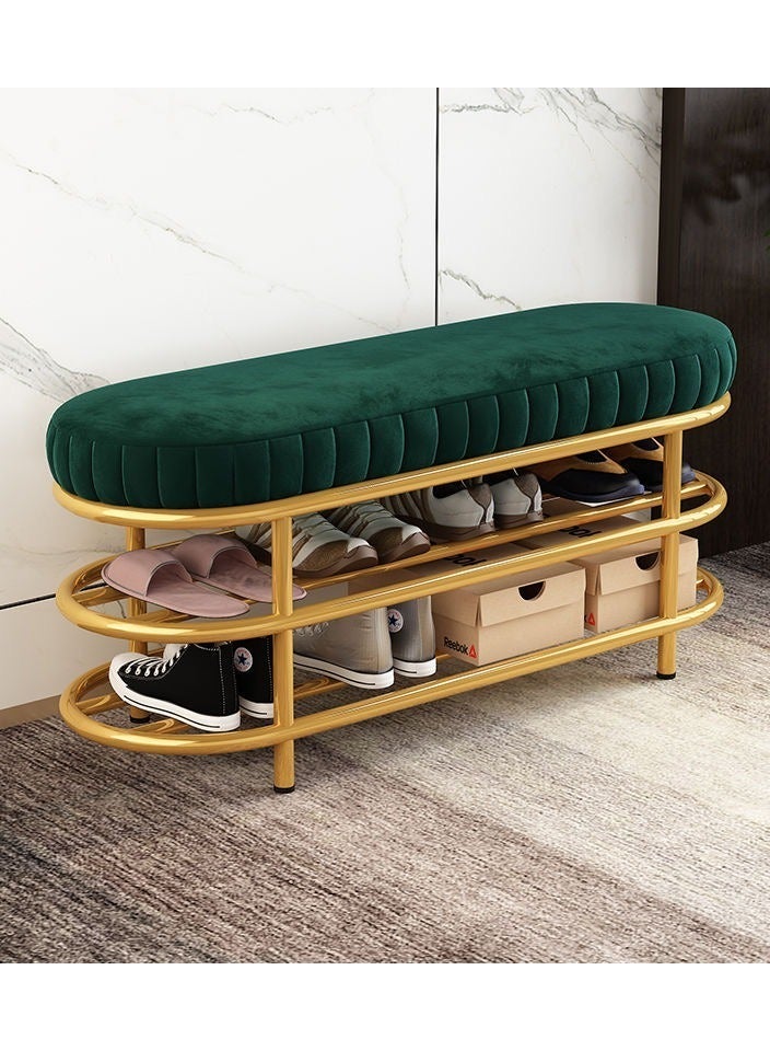 Velvet Shoe Bench with Double Shelf, Modern End Of Bed Bench - Entryway Shoe Rack Bench with Metal Base for Living Room, Bedroom & Hallway  - Image 1