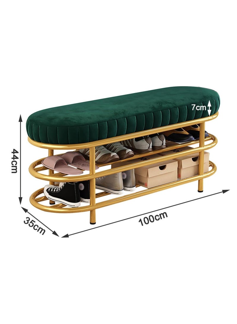 Velvet Shoe Bench with Double Shelf, Modern End Of Bed Bench - Entryway Shoe Rack Bench with Metal Base for Living Room, Bedroom & Hallway  - Image 3