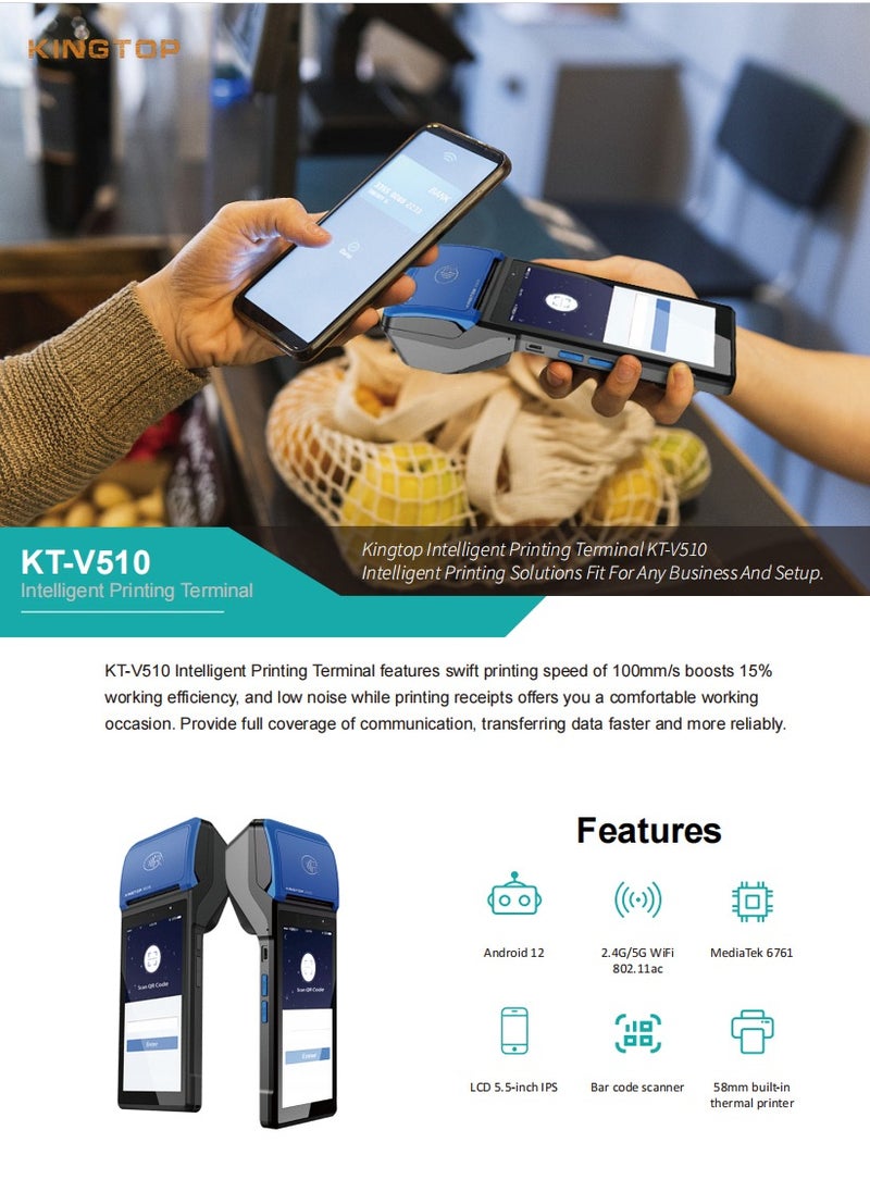 كينجتوب - طابعة إيصالات POS PDA محمولة 58 مم، طابعة ورقية حرارية عالية السرعة، محطة POS الذكية، مسح جهاز POS للرموز الشريطية 1D/2D/QR، نظام POS مع NFC/2G/3G/4G/WiFi/BT (متضمن 3 لفات من الورق الحراري) - Image 1