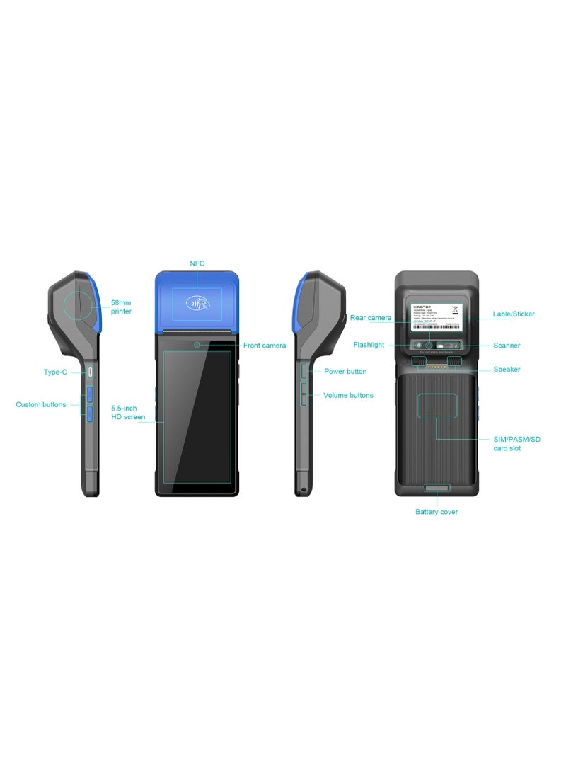 كينجتوب - طابعة إيصالات POS PDA محمولة 58 مم، طابعة ورقية حرارية عالية السرعة، محطة POS الذكية، مسح جهاز POS للرموز الشريطية 1D/2D/QR، نظام POS مع NFC/2G/3G/4G/WiFi/BT (متضمن 3 لفات من الورق الحراري) - Image 1