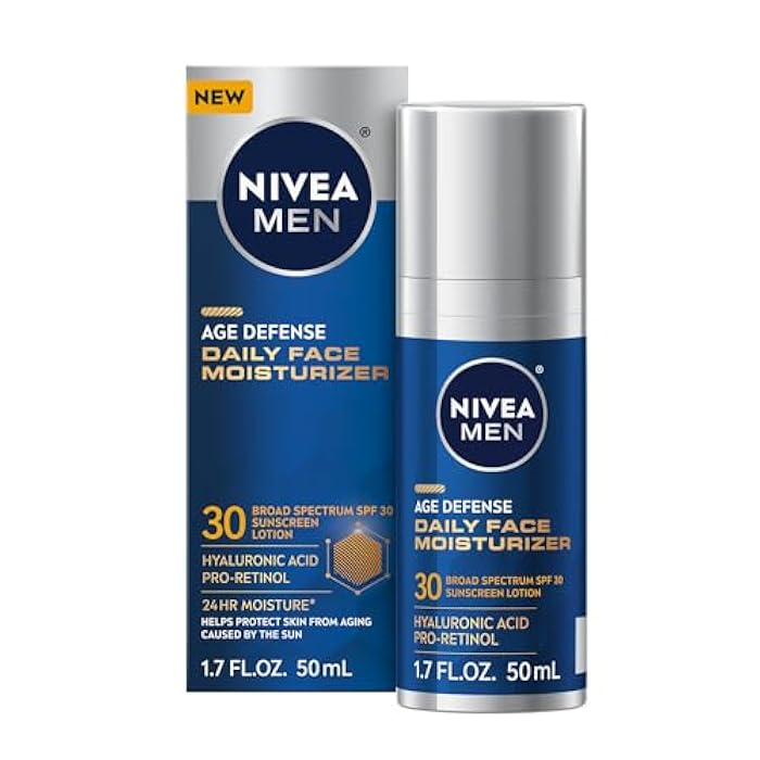 NIVEA MEN Age Defense Daily Face Moisturizer with Broad Spectrum SPF 30 Sunscreen, Pro-Retinol and Hyaluronic Acid, Beard-Friendly Face Lotion Helps Defend Against UVA/UVB Rays, 1.7 Fl Oz Bottle - Image 1