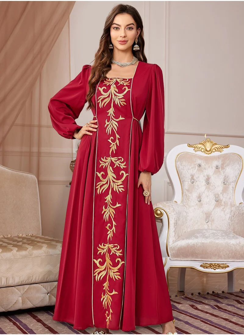 Madam Uniq Women Ethnic Print Abaya Muslim Dress for Women Embroidery Long Sleeve Maxi Dress Dubai Abayas Islamic Robe