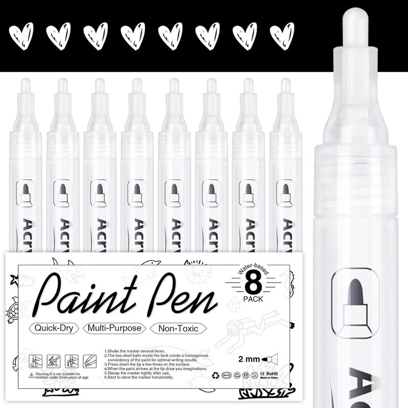 AKARUED White Acrylic Paint Markers, 8 Pack Acrylic White Paint Pen Sets for Rock Painting, Wood, Stone, Glass, Ceramic, Paper, Drawing, Art Projects, DIY Crafts, Water-Based ink, 2-3mm Medium Tip - Image 1
