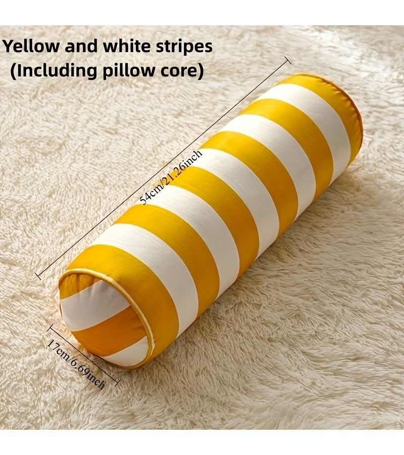 Striped Velvet Cylindrical Pillow Side Sleeping Leg Bolster Orange White Lumbar Cushion with Removable Washable Core - Image 1