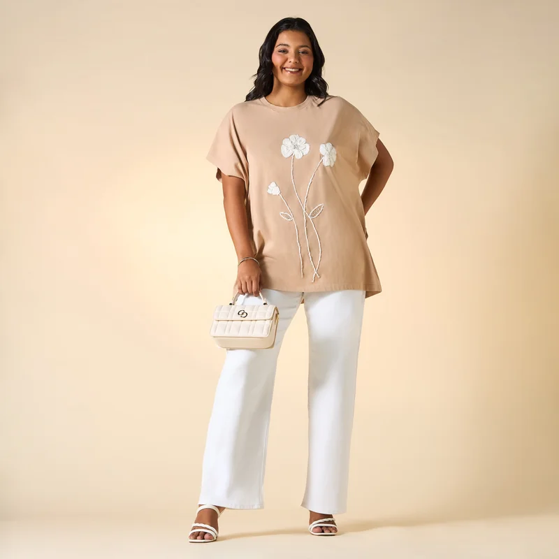 Ulla Popken Plus Size Ulla Popken Floral Embroidered T-shirt