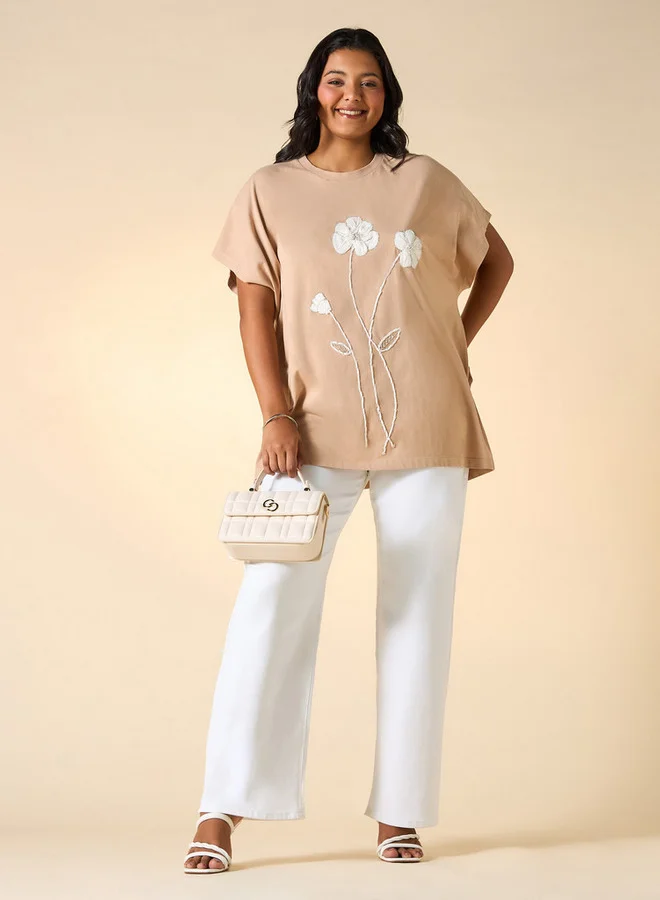 Ulla Popken Plus Size Ulla Popken Floral Embroidered T-shirt