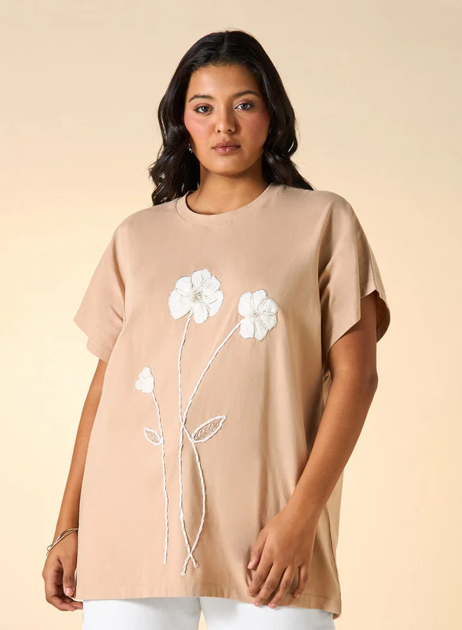 Ulla Popken Plus Size Ulla Popken Floral Embroidered T-shirt
