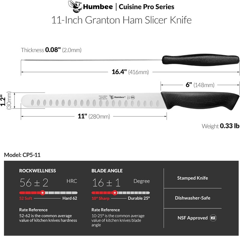 Humbee Carving Knife 11-Inch with Razor Sharp Granton Edge for Turkey, Ham, Meat Slicing and Cutting – NSF Certified, German Stainless Steel Blade, Black - Image 4