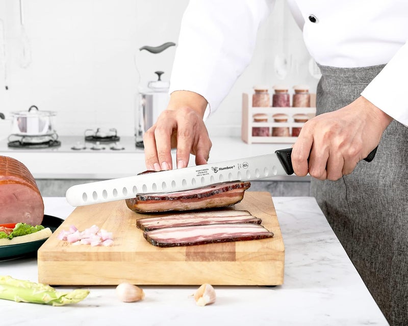 Humbee Carving Knife 11-Inch with Razor Sharp Granton Edge for Turkey, Ham, Meat Slicing and Cutting – NSF Certified, German Stainless Steel Blade, Black - Image 5