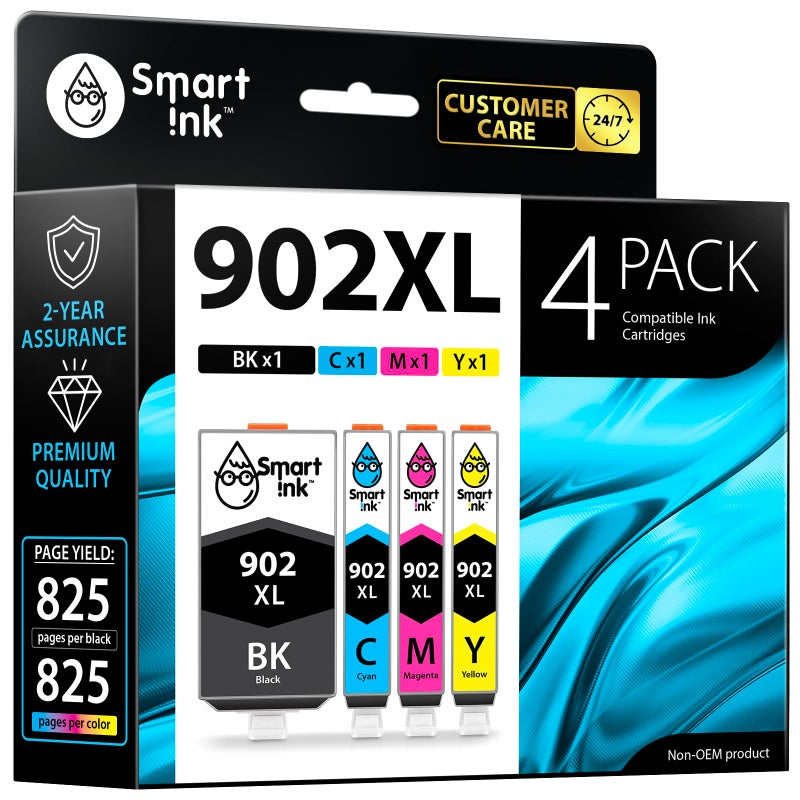 Smart Ink Compatible Ink Cartridge Replacement for HP 902 XL 902XL (4 Combo Pack) to use with Officejet Pro 6978 6968 6974 6975 6960 Officejet 6951 6954 6956 6958 Printers - Image 1