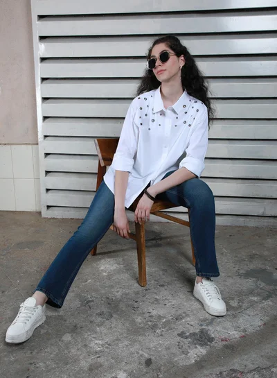 HIGH STAR Women's White 100% Cotton Solid Pattern Button Down Oversized Shirt