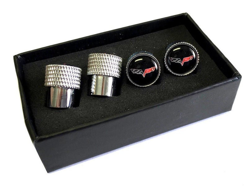 C6 Corvette Crossed Flags Logo Aluminum Valve Stem Caps Knurled