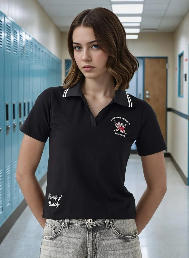 Cambridge University Logo Embroidered Crop Polo T-shirt