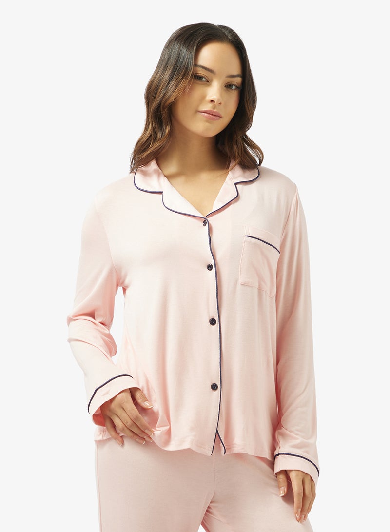 Ginger Button Down Shirt & Pyjama Set with Contrast Trim - Image 3